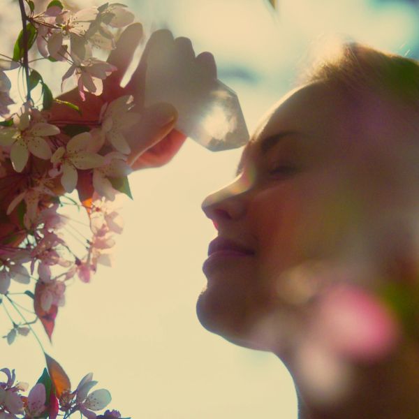 Woman with a healing crystal near her forehead, surrounded by nature, symbolizing spiritual growth.